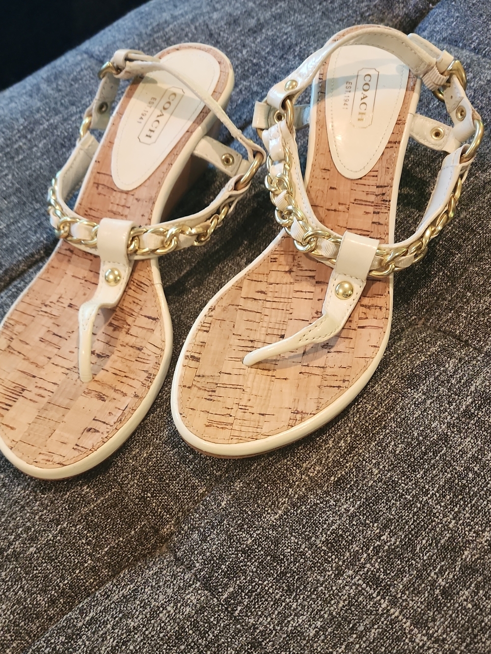 Coach Ivory Leather Thong Sandals with Gold Chain